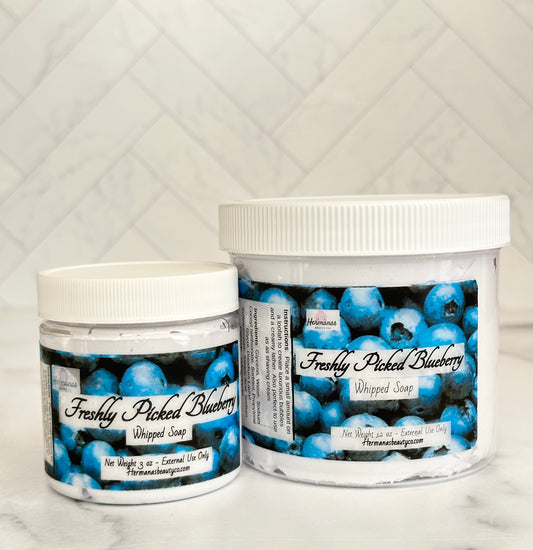 Blueberry scented whipped soap jars with colorful blue label