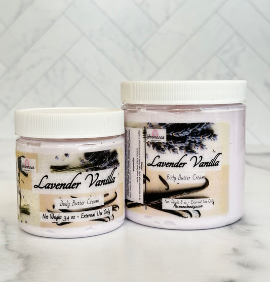 Body butter jars in 2 sizes with light purple body cream inside and colorful printed label