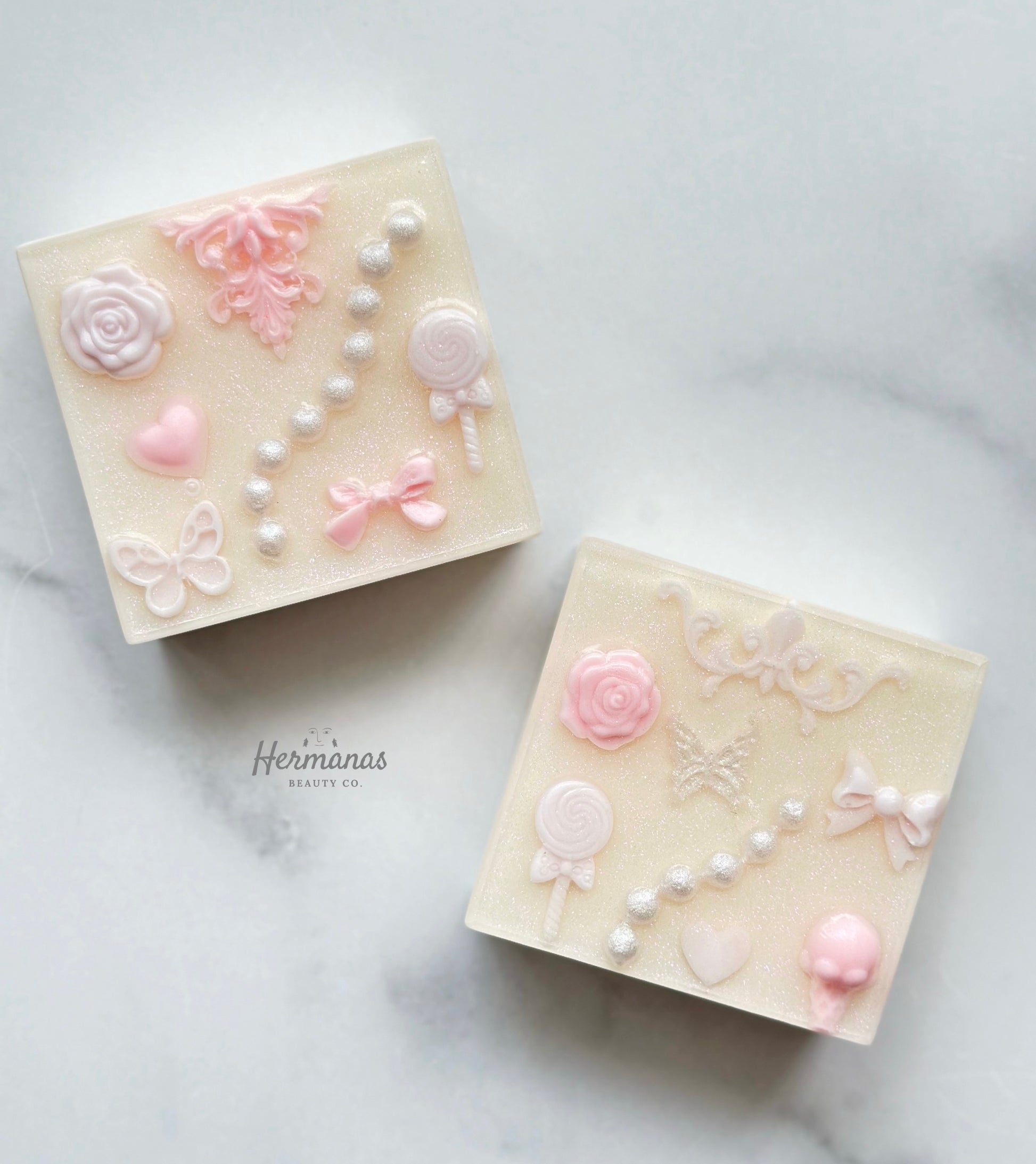 Soap with lace, pearls, bows, butterflies and roses in pastel colors