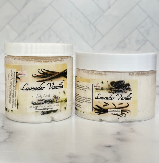 Lavender vanilla scented body scrub jars with colorful labels