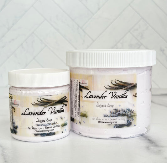 Lavender and vanilla whipped soap jars with white lids and colorful labels