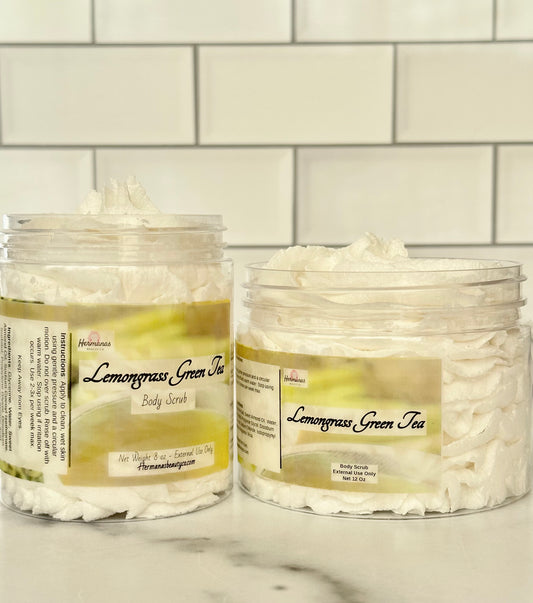 white lemongrass and green tea scrub in a clear jar