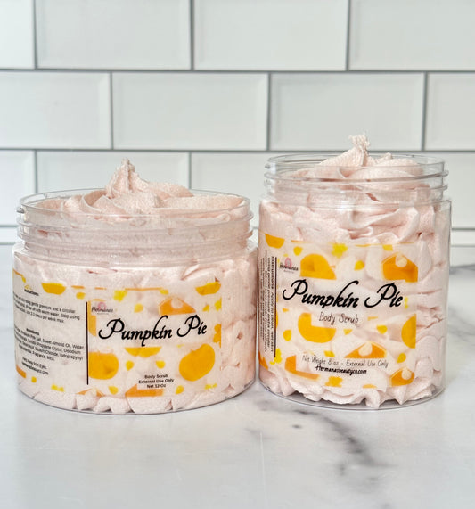 body scrub scented like a slice of pumpkin pie topped with whipped cream