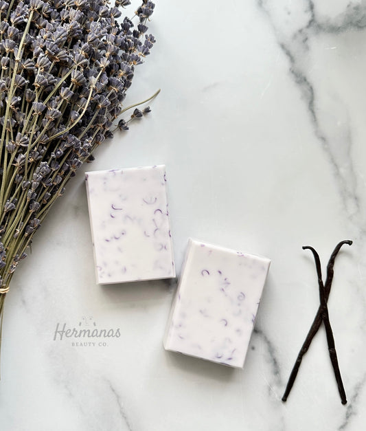 Lavender and Vanilla scented soap. White soap has swirls of purple soap inside, making a confetti effect