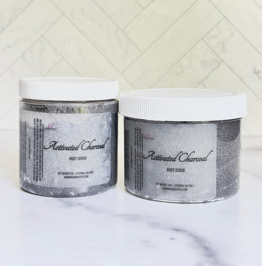 activated charcoal scrub in jars. Comes in 2 different sizes and can be used to combat body acne and blemishes