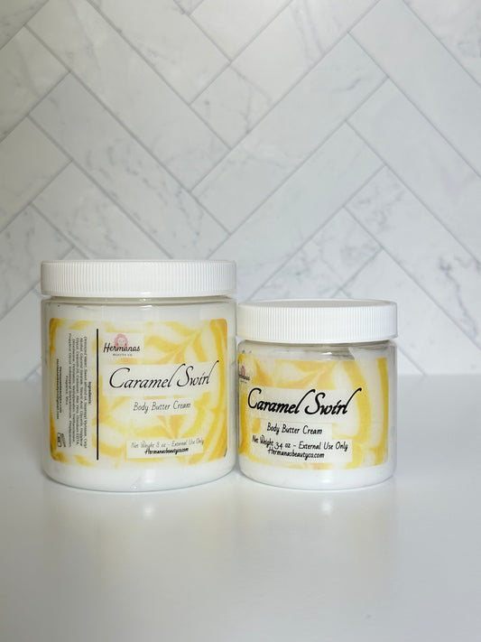 Caramel Swirl Body butter cream in 2 sizes.