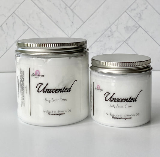 Unscented body butter jars, white color one is 8 oz and the other 3.4 ounces