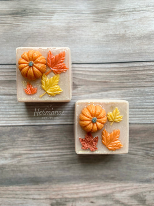 Square shaped brown soap with pumpkin and leaves details on top