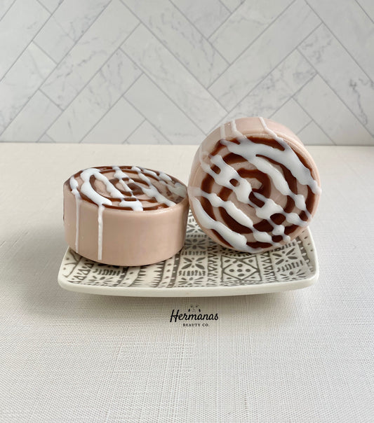 Cinnamon Roll Body Soap Bar shaped like a cinnamon roll with icing