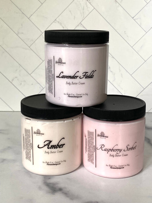 Jars of body butter cream, each matches perfectly with our other products