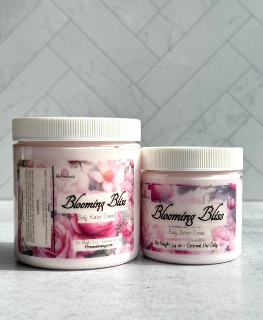 Floral scented pink body butter jars with colorful pink and purple labels