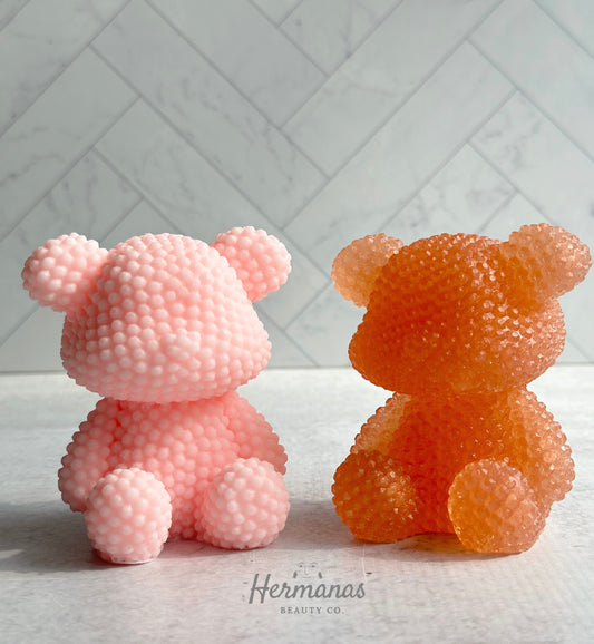 Teddy bear shaped soaps, one is pink and smells like baby powder and the other one is brown and smells like honey