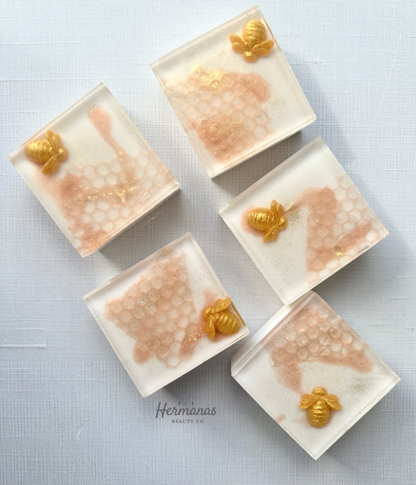 Square soap bar with honey comb and gold bee details 