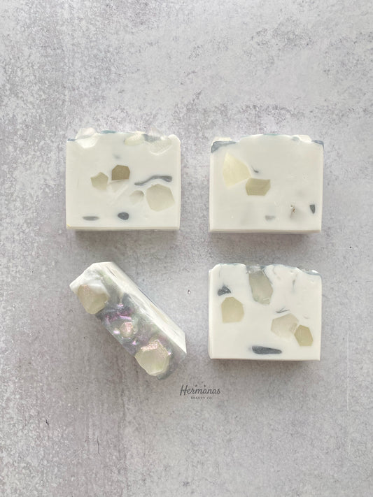 White soap with clear soap gemstones that look like diamonds